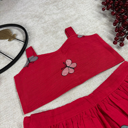 Stylish Butterfly Embroidered Kids Outfit – Red
