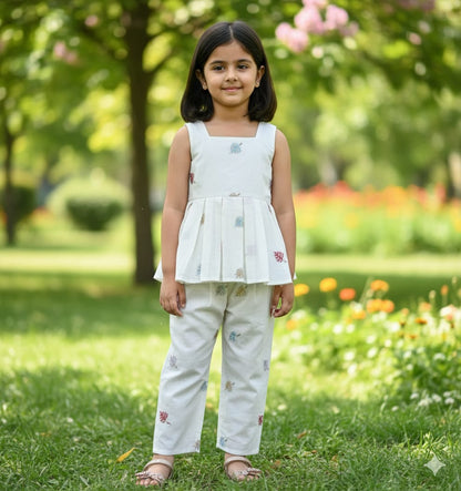 Festive Cream Peplum Top & Pant Set for Girls
