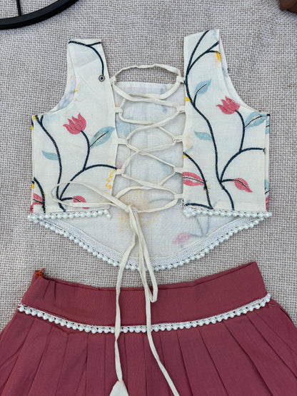 “Girls Cream Floral Embroidered Halter Top & Skirt Set – Festive Wear”