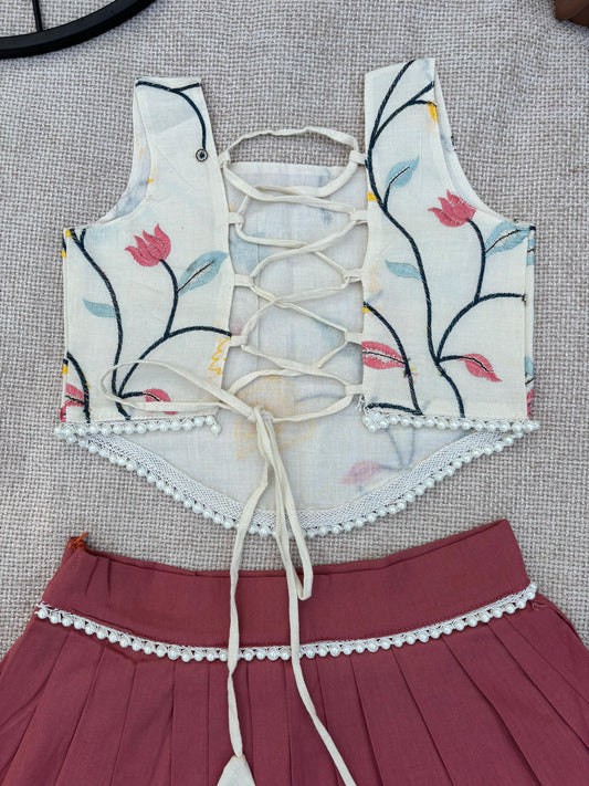 “Girls Cream Floral Embroidered Halter Top & Skirt Set – Festive Wear”