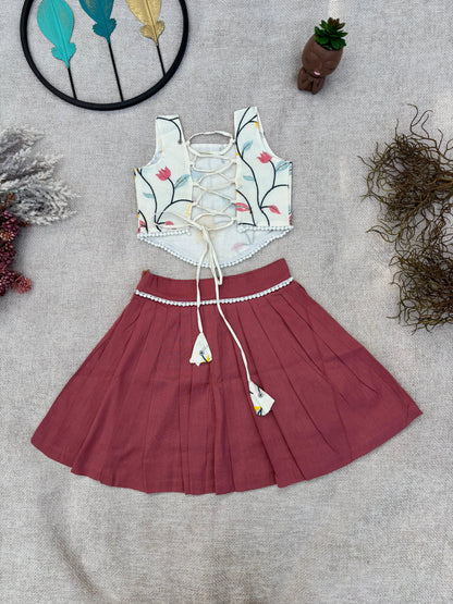 “Girls Cream Floral Embroidered Halter Top & Skirt Set – Festive Wear”