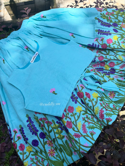 Aqua Blue Floral Embroidered Kids Co-ord Set