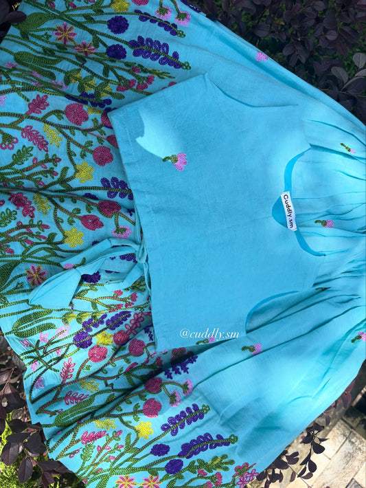 Aqua Blue Floral Embroidered Kids Co-ord Set