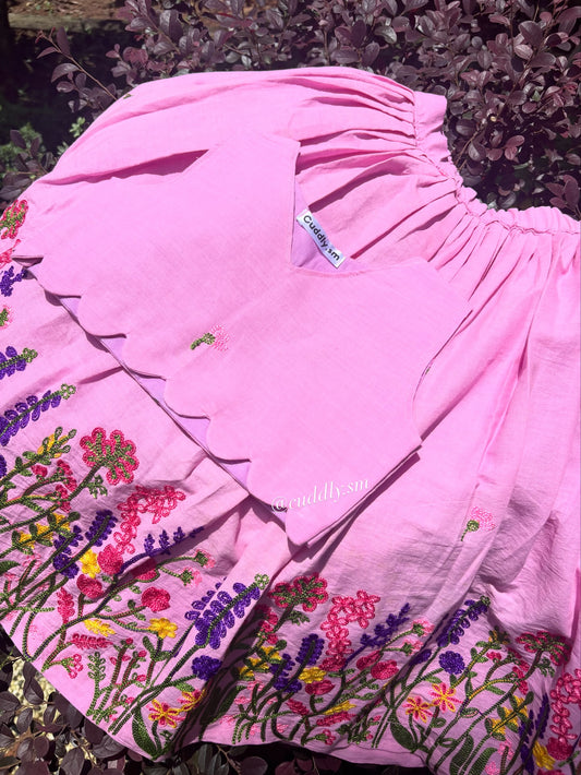 Pink Floral Embroidered Kids Co-ord Set