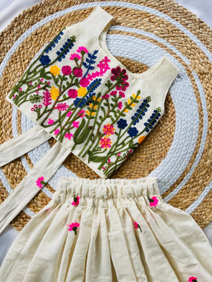 Ivory Floral Embroidered Lehenga Set for Girls