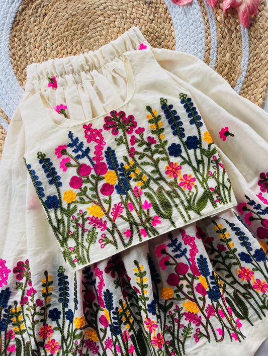 Ivory Floral Embroidered Lehenga Set for Girls