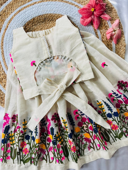 Ivory Floral Embroidered Lehenga Set for Girls
