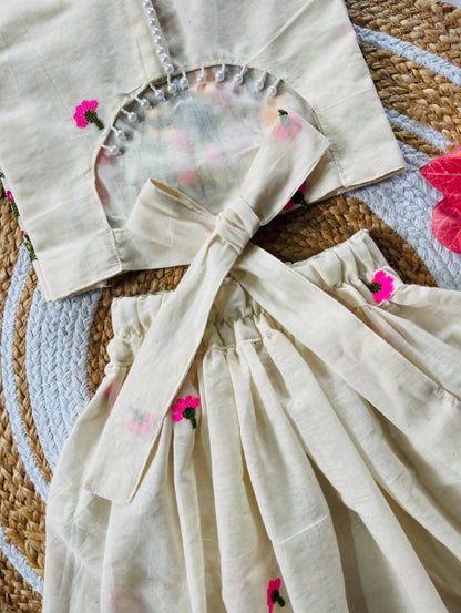 Ivory Floral Embroidered Lehenga Set for Girls