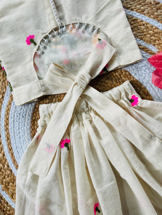 Ivory Floral Embroidered Lehenga Set for Girls